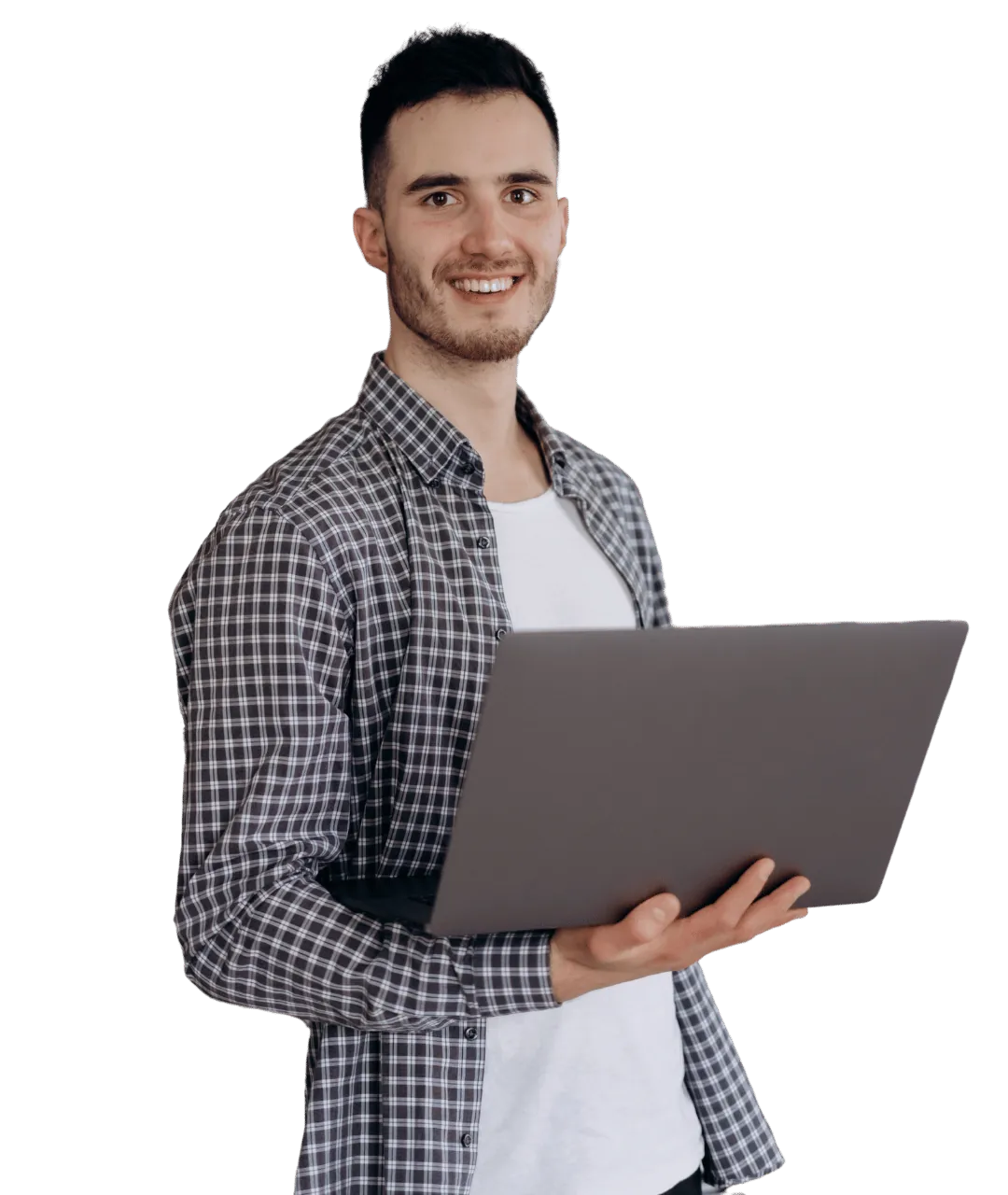 Young man wearing a checkered shirt and holding a laptop, representing professional language assessment services