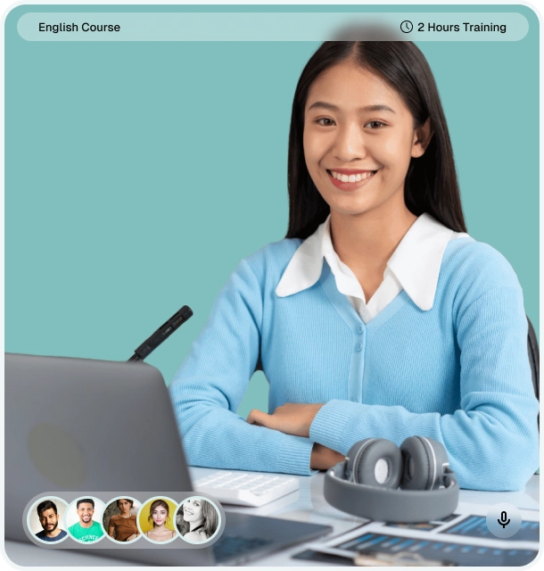 Young professional attending an online English training session as part of a comprehensive language assessment test program